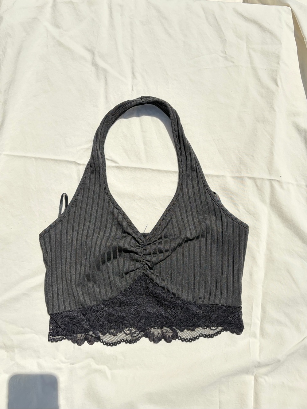 SHEIN Black Ribbed Lace-Trim Halter Bralette